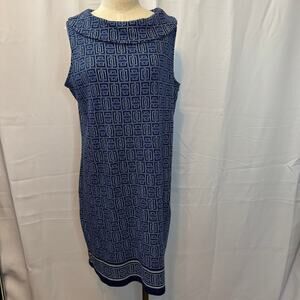 Rafaella 1X Blue Geometric Cotton Sleeveless Shift Dress Knee Length